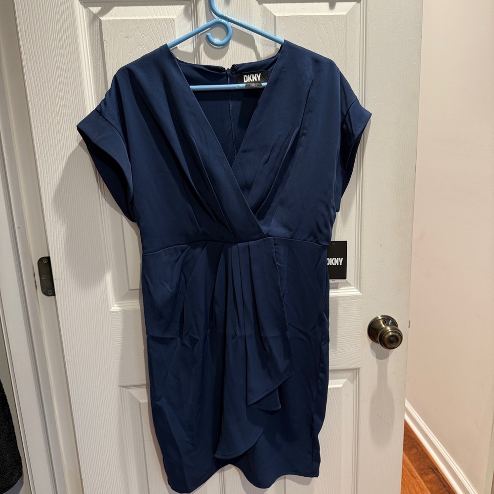 DKNY Deep Blue Dress with Faux Wrap and Front Slit